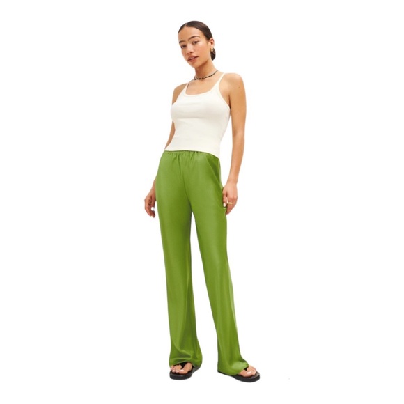Reformation Pants - NWOT Reformation Gale satin pants mid rise bias elastic waist in saguaro green S